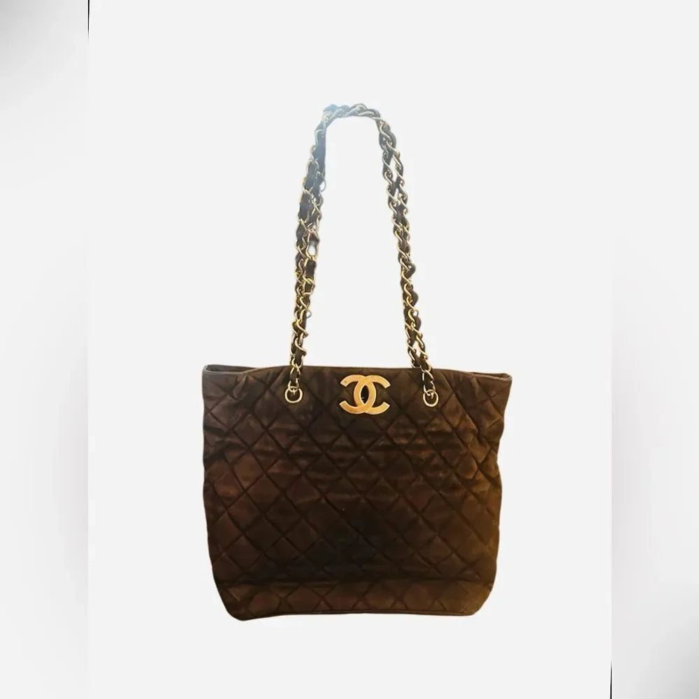 CHANEL Dark Brown Quilted Tote with Gold Chain